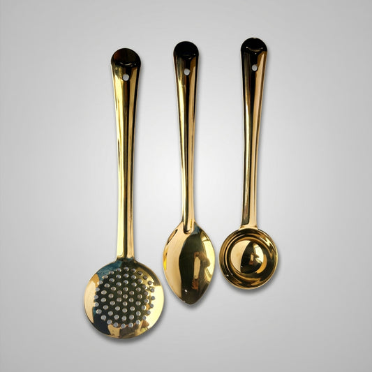 Handcrafted Brass Ladle Set of 3 Deep Ladle (Chamcha) + Serving Ladle + Skimmer Ladle (Jhara)