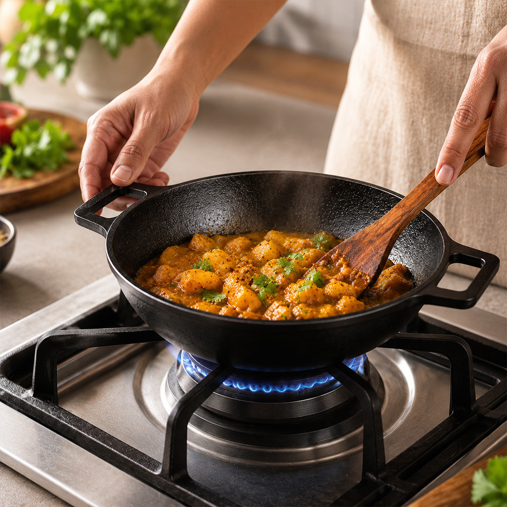 Pre Seasoned Cast Iron Flat Bottom Kadai – 1 Liter