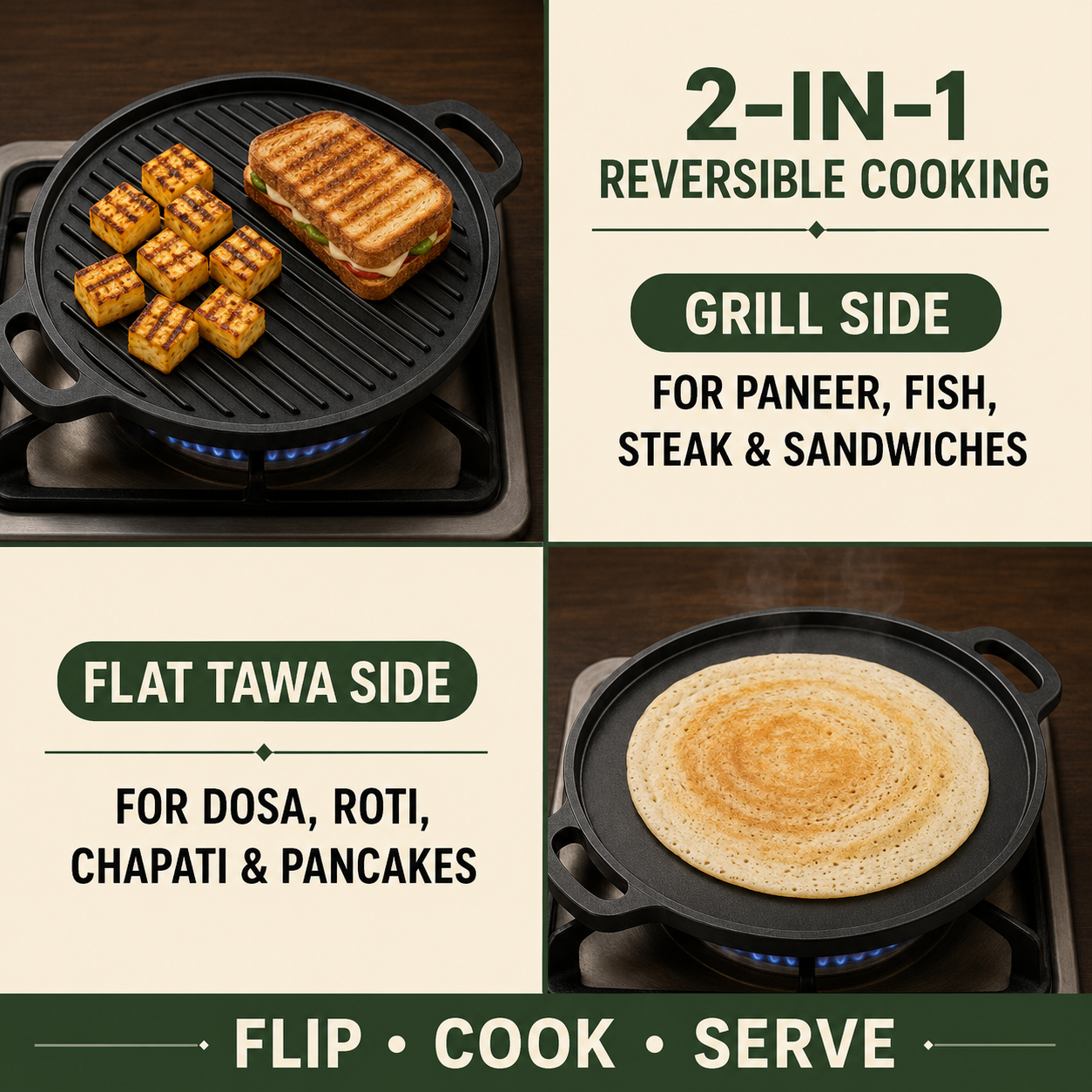 Pre-Seasoned Cast Iron 2-in-1 Dosa Tawa & Grill – 30 cm