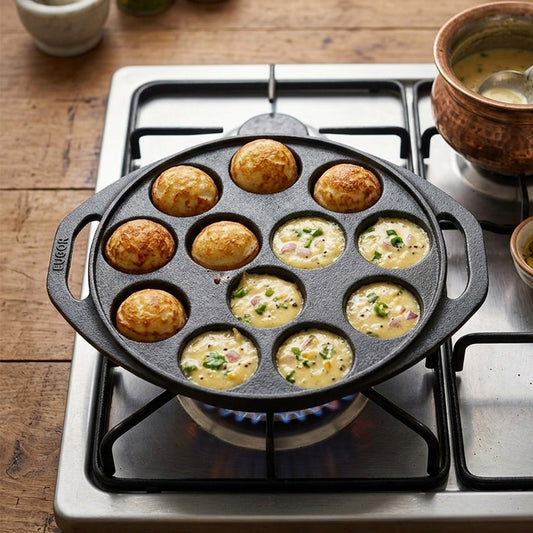 Cast Iron Paddu / Unniyappam / Paniyaram 12 Cavity Pan with Lid and Flipper Stick