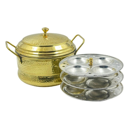 Pure Brass Traditional Idli Cooker Hammered Finish with Whistle Indicator & Brass Lid (4 Plates | 16 Idlis | Kalai Coating)