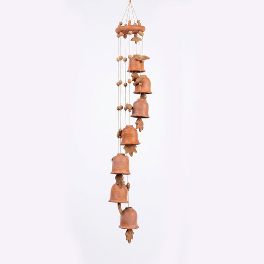Terracotta Spiral wind chime of clay bells leaves and birds