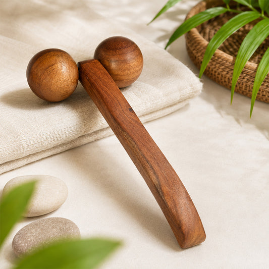 Wooden Body Massager with 2 Ball Roller & Long Handle