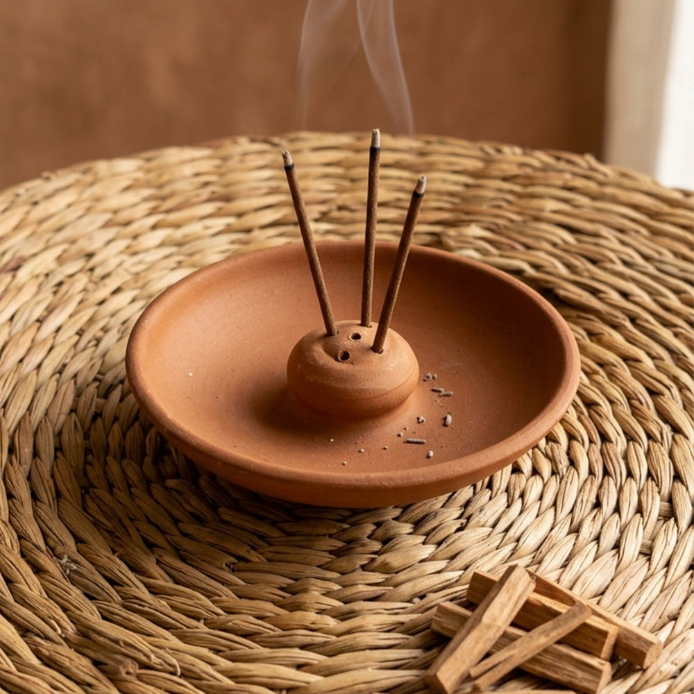 Clay Agarbatti Stand with Ash Catcher | Handmade Terracotta Incense Holder