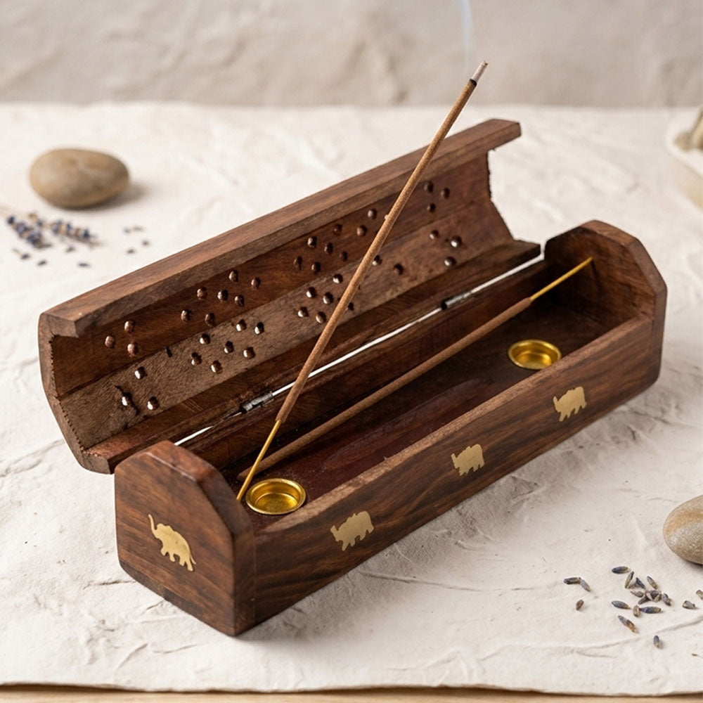 Wooden Agarbatti Stand with Brass Elephant Inlay