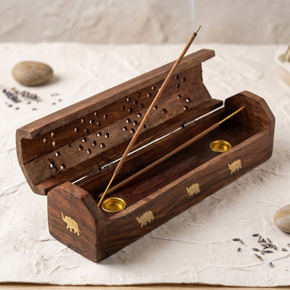 Wooden Agarbatti Stand with Brass Elephant Inlay