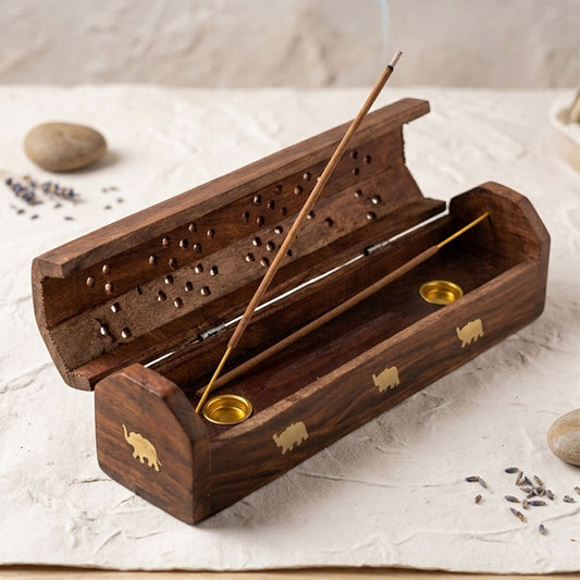 Wooden Agarbatti Stand with Brass Elephant Inlay