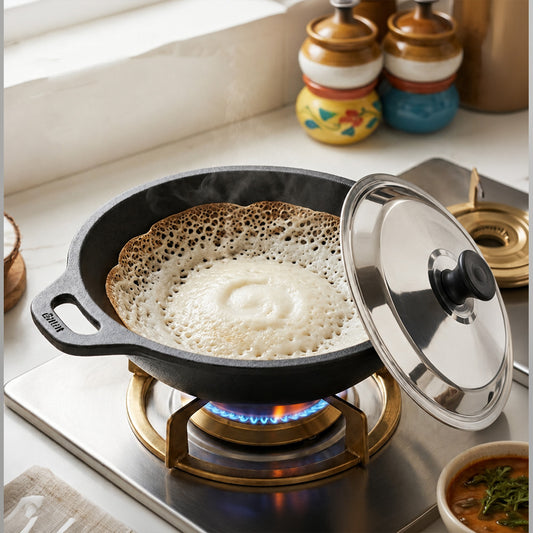Pre-Seasoned Cast Iron Appam / Kappa Rotti Pan with lid