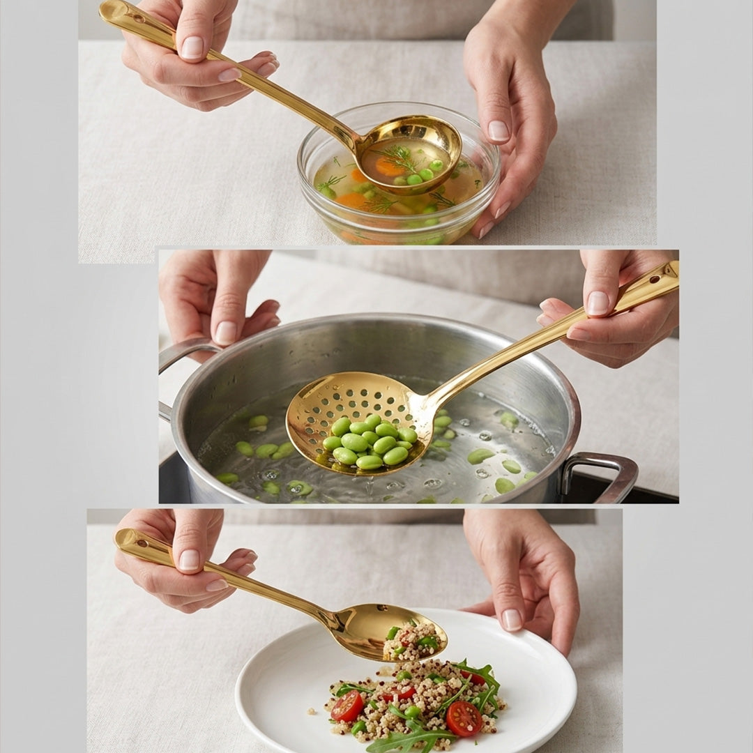 Handcrafted Brass Ladle Set of 3 Deep Ladle (Chamcha) + Serving Ladle + Skimmer Ladle (Jhara)