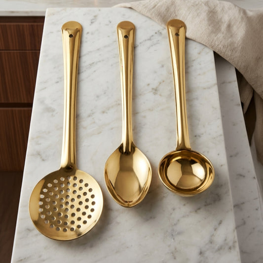 Handcrafted Brass Ladle Set of 3 Deep Ladle (Chamcha) + Serving Ladle + Skimmer Ladle (Jhara)