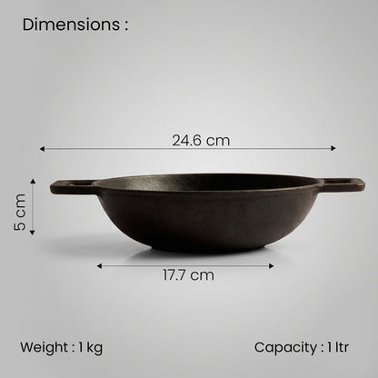 Pre Seasoned Cast Iron Flat Bottom Kadai – 1 Liter