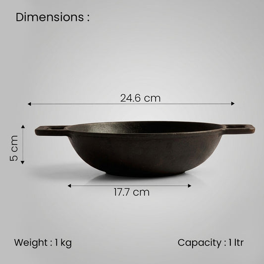 Pre Seasoned Cast Iron Flat Bottom Kadai – 1 Liter