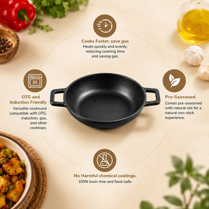 Pre Seasoned Cast Iron Flat Bottom Kadai – 1 Liter