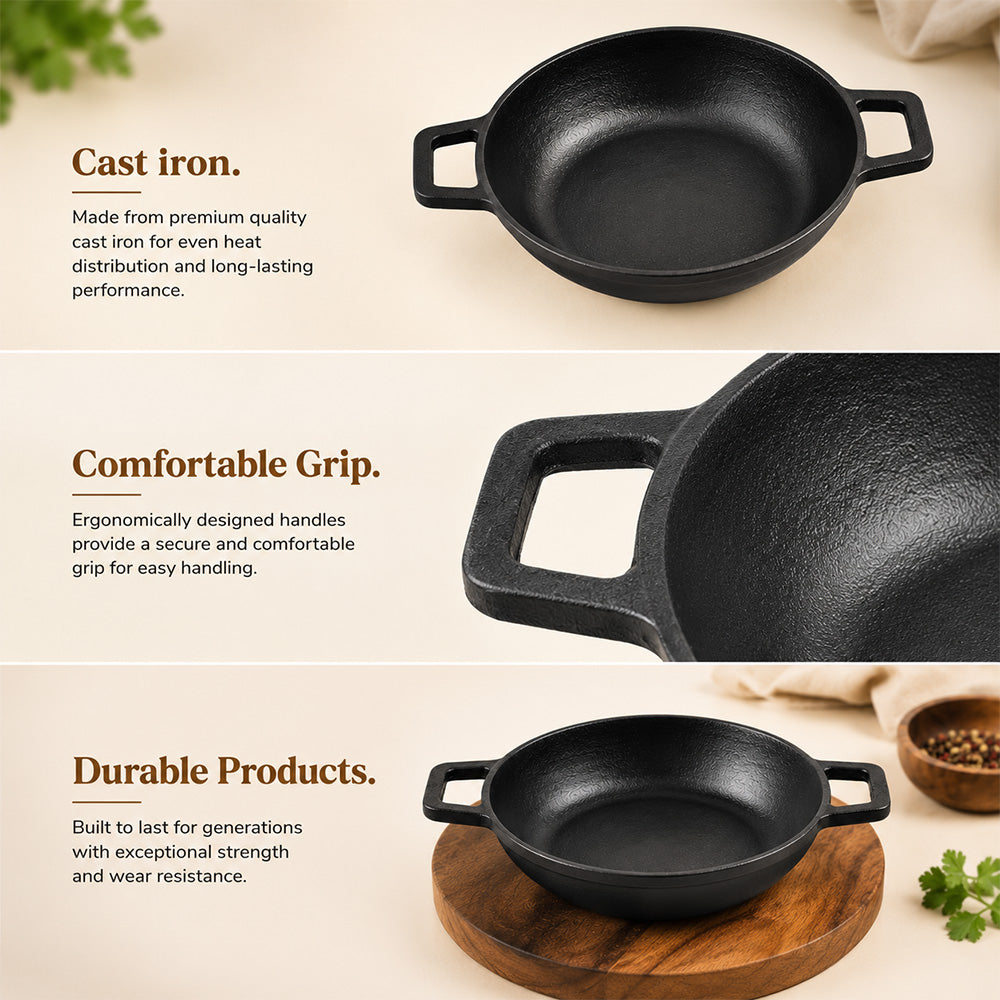 Pre Seasoned Cast Iron Flat Bottom Kadai – 1 Liter