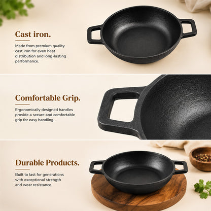 Pre Seasoned Cast Iron Flat Bottom Kadai – 1 Liter