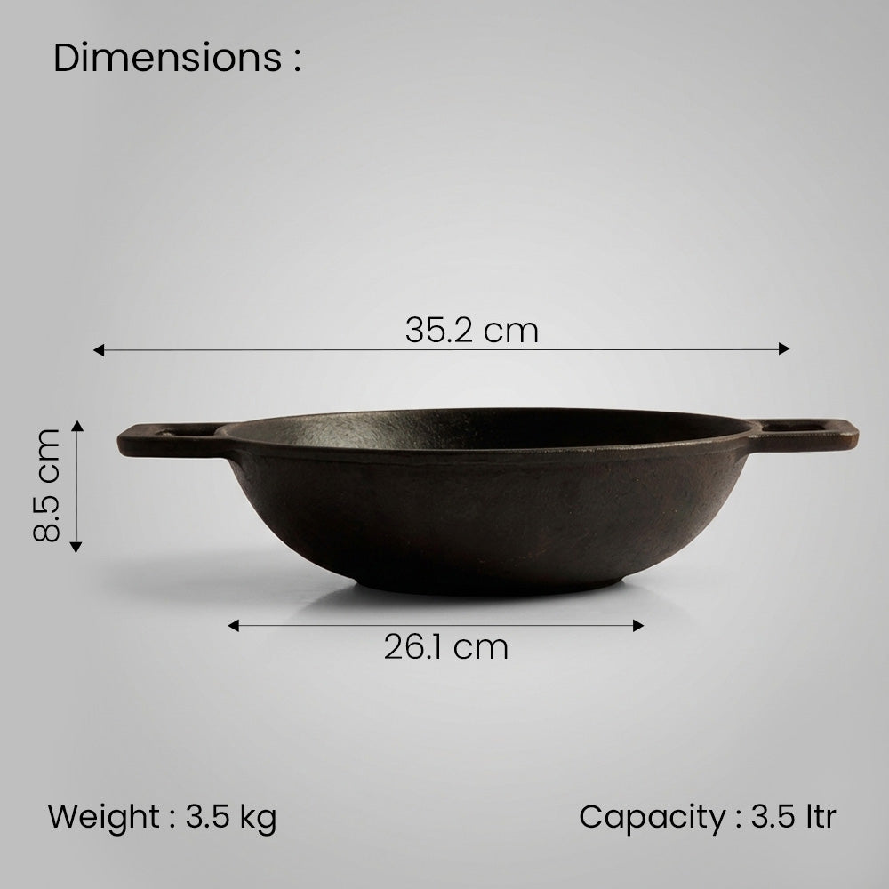 Pre Seasoned Cast Iron Flat Bottom Kadai – 3.5 Liters