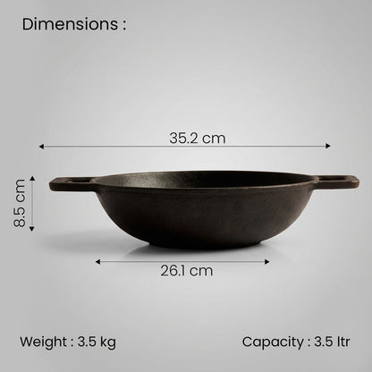 Pre Seasoned Cast Iron Flat Bottom Kadai – 3.5 Liters