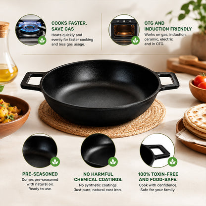 Pre Seasoned Cast Iron Flat Bottom Kadai – 3.5 Liters