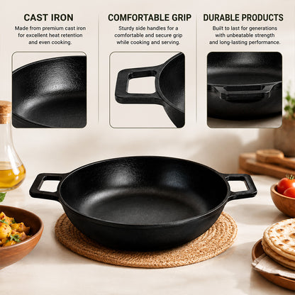 Pre Seasoned Cast Iron Flat Bottom Kadai – 3.5 Liters