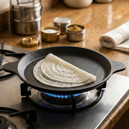 Pre-Seasoned Cast Iron Neer Dosa Pan 9 Inch with Steel Lid and Cast Iron Spatula