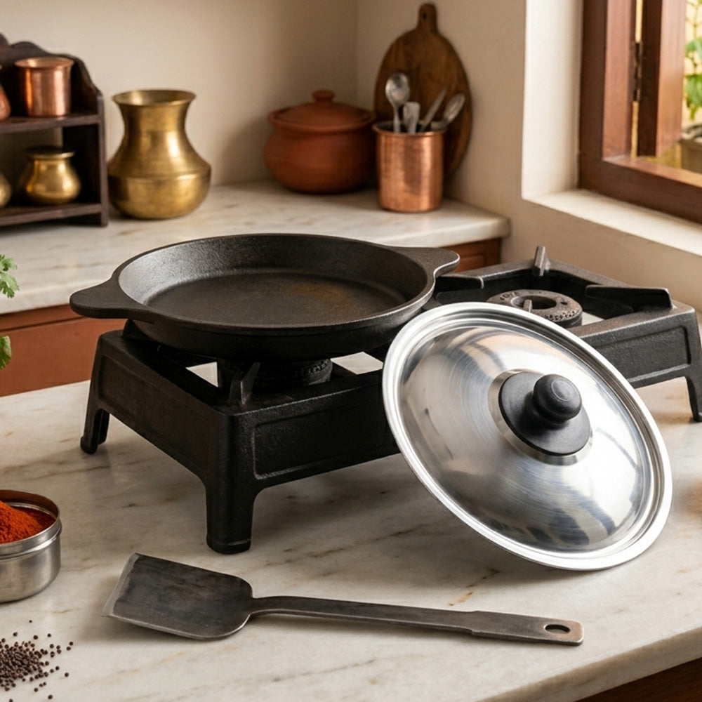 Pre-Seasoned Cast Iron Neer Dosa Pan 9 Inch with Steel Lid and Cast Iron Spatula
