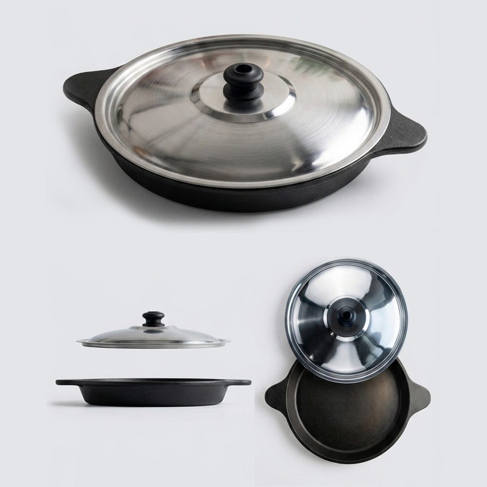 Pre-Seasoned Cast Iron Neer Dosa Pan 9 Inch with Steel Lid and Cast Iron Spatula