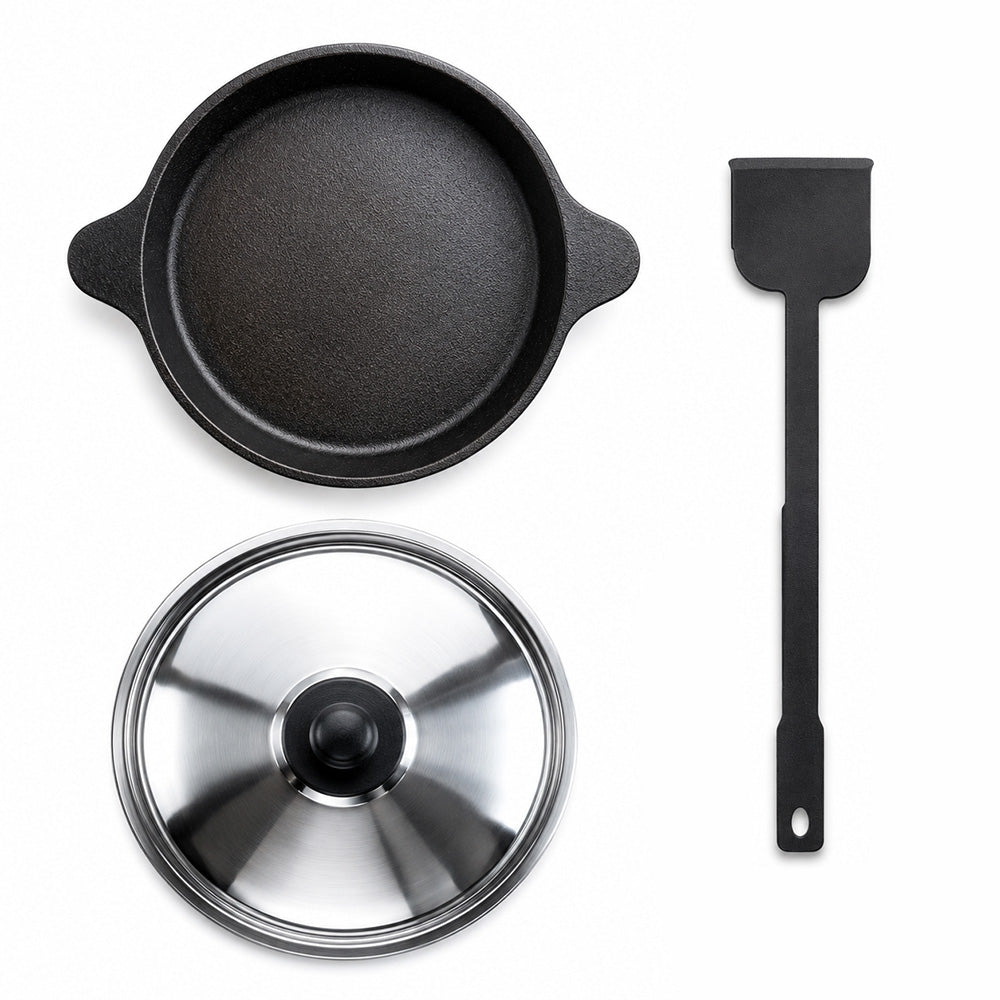 Pre-Seasoned Cast Iron Neer Dosa Pan 9 Inch with Steel Lid and Cast Iron Spatula