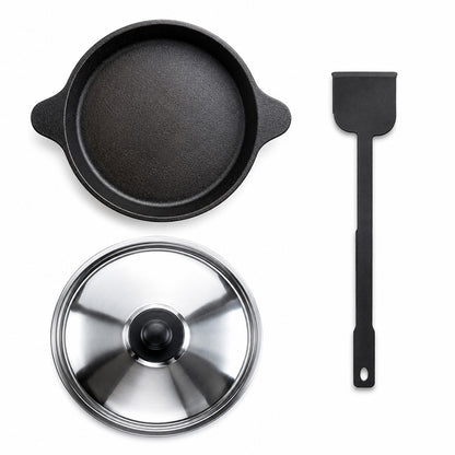 Pre-Seasoned Cast Iron Neer Dosa Pan 9 Inch with Steel Lid and Cast Iron Spatula
