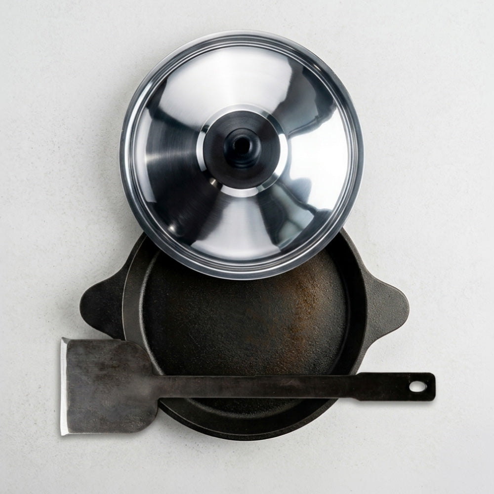 Pre-Seasoned Cast Iron Neer Dosa Pan 9 Inch with Steel Lid and Cast Iron Spatula