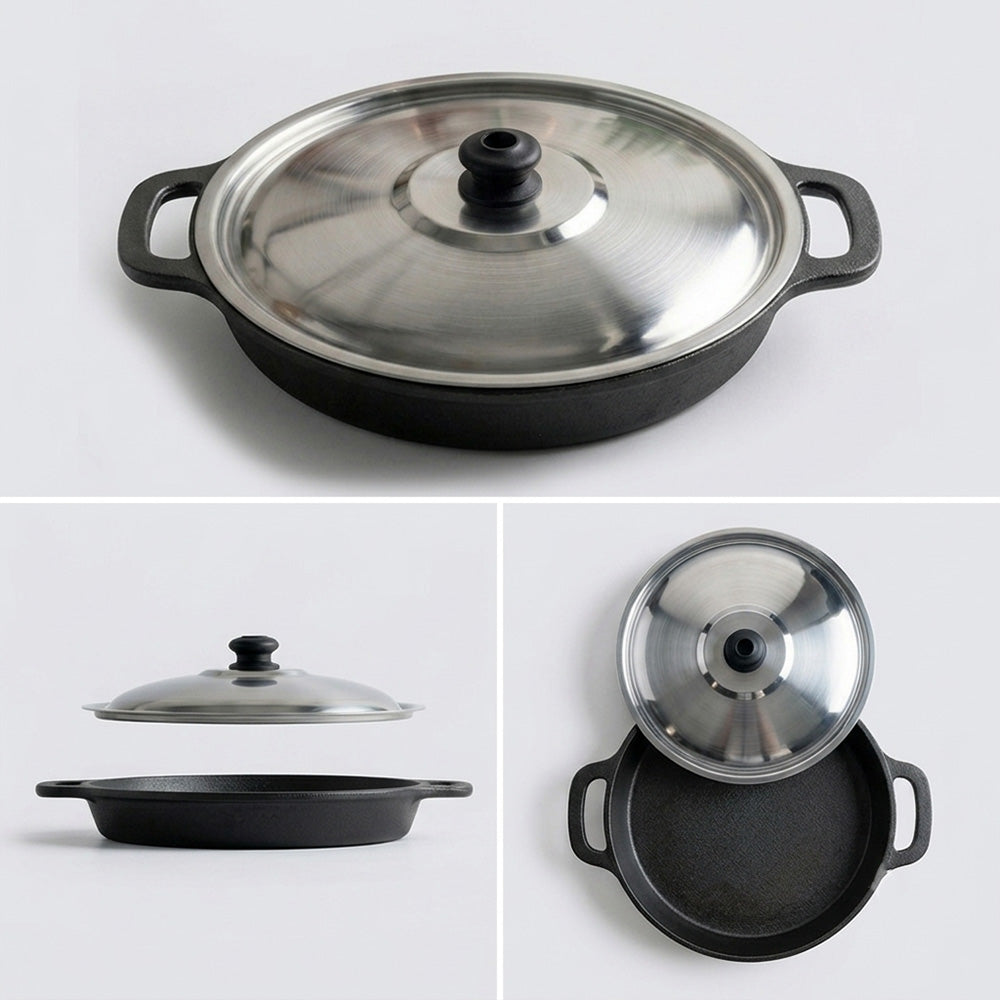 Pre-Seasoned Cast Iron Neer Dosa Pan 10 Inch with Steel Lid, Kudupu and Iron Spatula