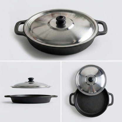 Pre-Seasoned Cast Iron Neer Dosa Pan 10 Inch with Steel Lid, Kudupu and Iron Spatula