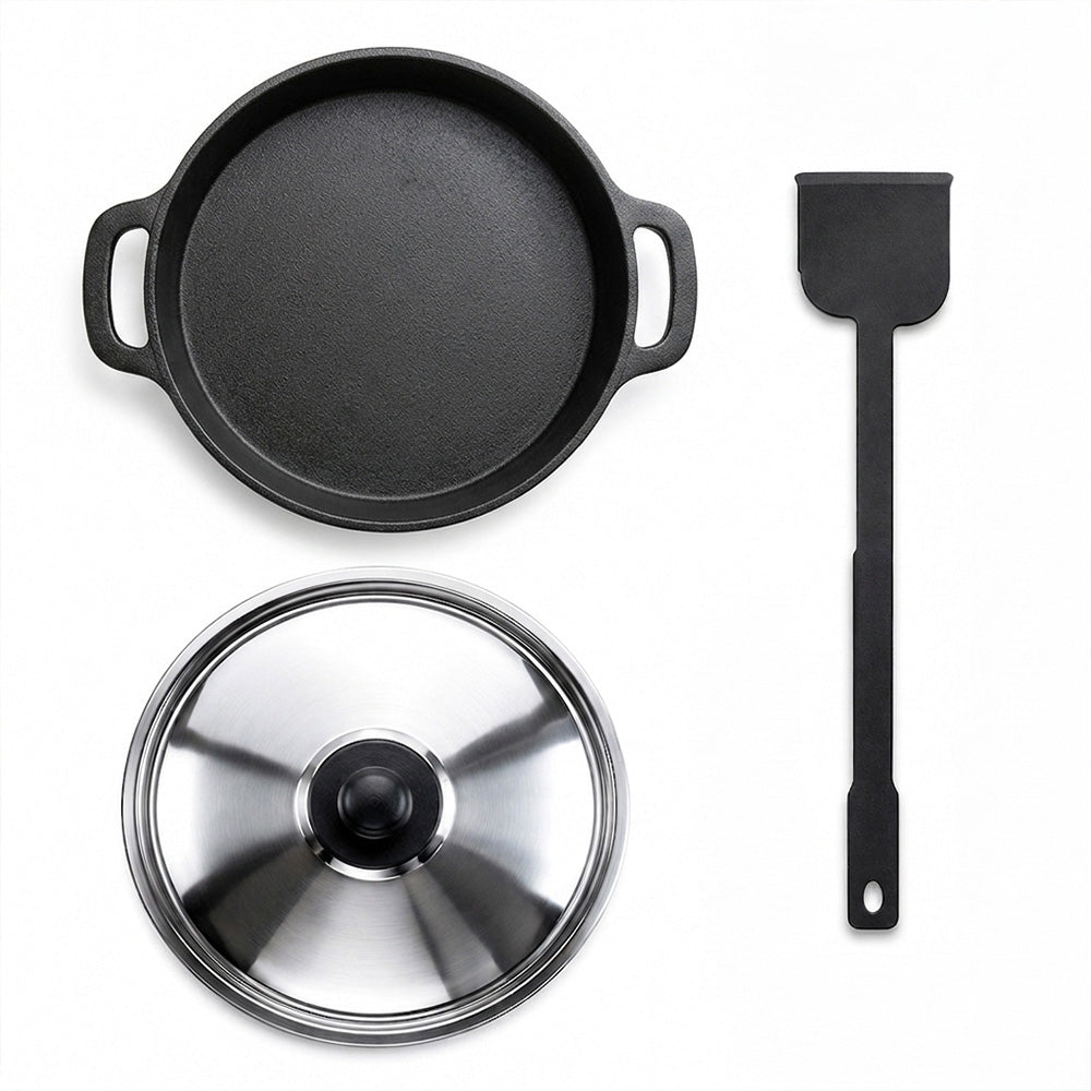 Pre-Seasoned Cast Iron Neer Dosa Pan 10 Inch with Steel Lid, Kudupu and Iron Spatula