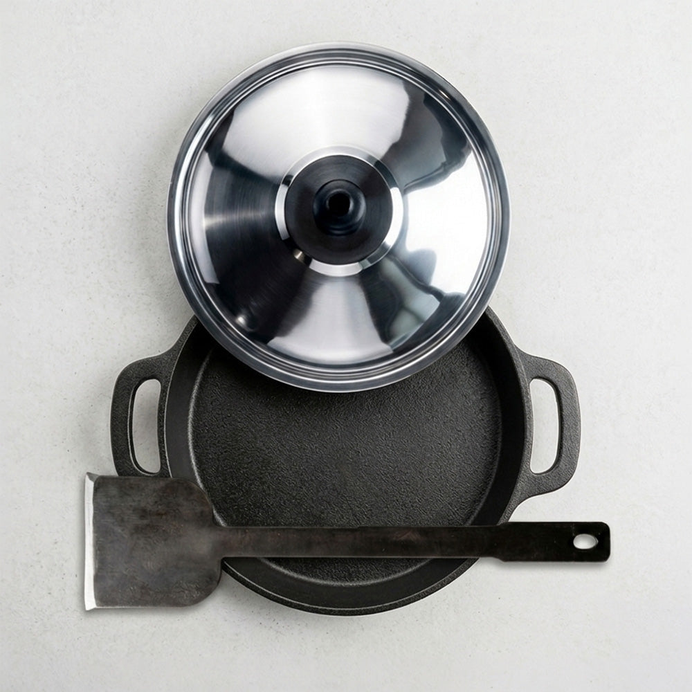 Pre-Seasoned Cast Iron Neer Dosa Pan 10 Inch with Steel Lid, Kudupu and Iron Spatula