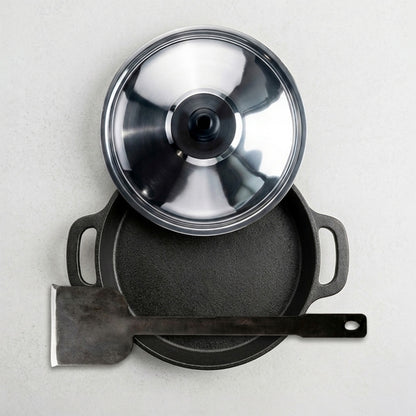 Pre-Seasoned Cast Iron Neer Dosa Pan 10 Inch with Steel Lid, Kudupu and Iron Spatula