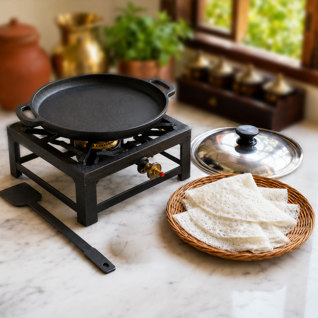 Pre-Seasoned Cast Iron Neer Dosa Pan 10 Inch with Steel Lid, Kudupu and Iron Spatula