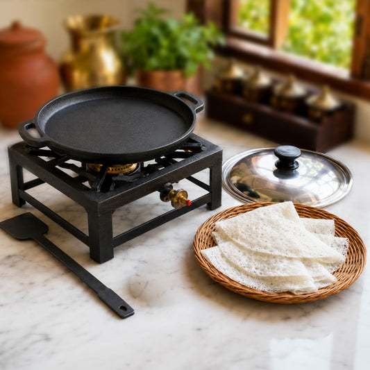 Pre-Seasoned Cast Iron Neer Dosa Pan 10 Inch with Steel Lid, Kudupu and Iron Spatula