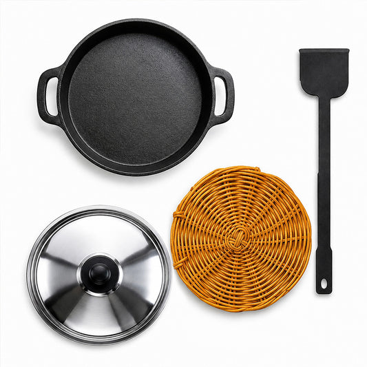 Pre-Seasoned Cast Iron Neer Dosa Pan 10 Inch with Steel Lid, Kudupu and Iron Spatula