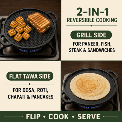 Pre-Seasoned Cast Iron 2-in-1 Dosa Tawa &amp; Grill – 30 cm