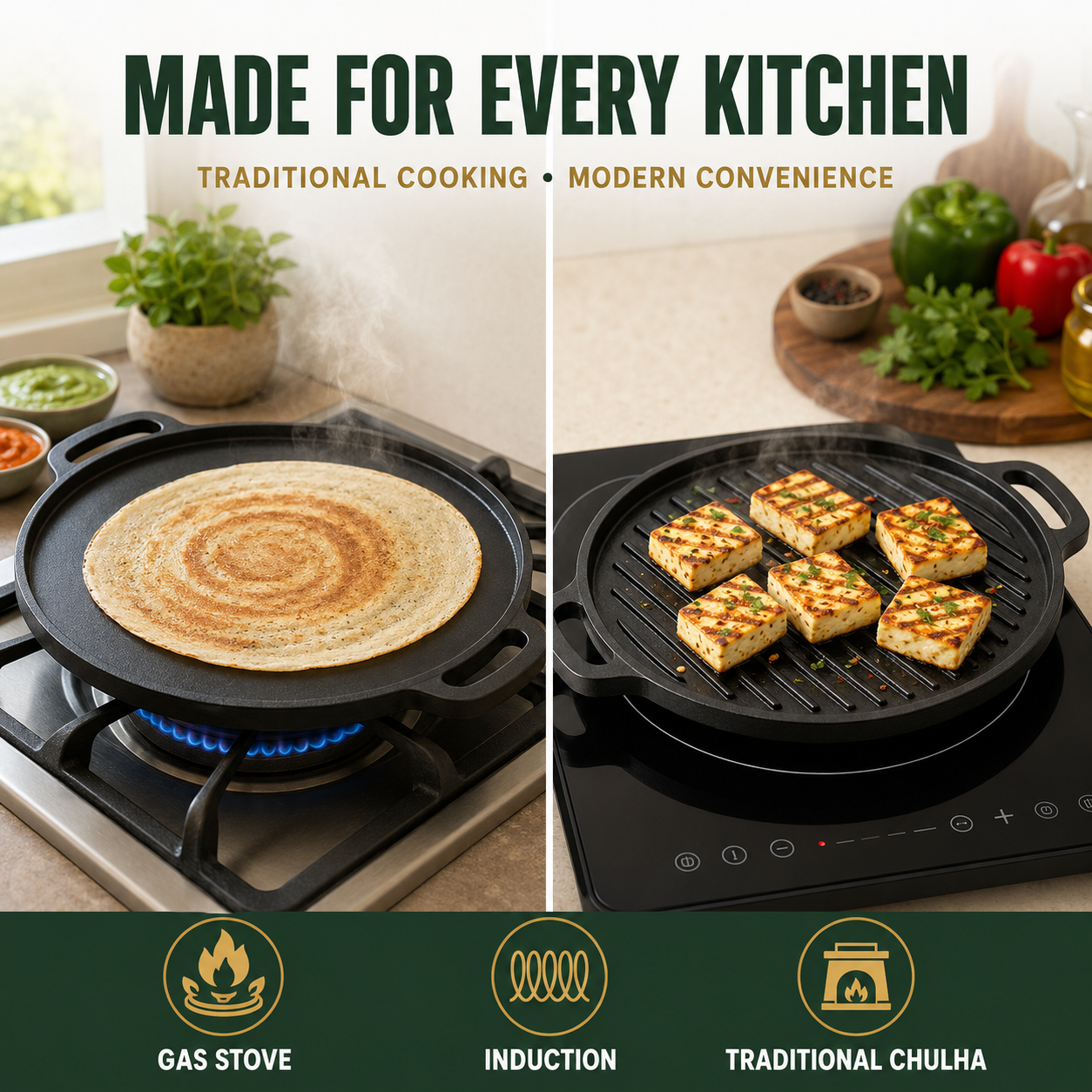Pre-Seasoned Cast Iron 2-in-1 Dosa Tawa &amp; Grill – 30 cm