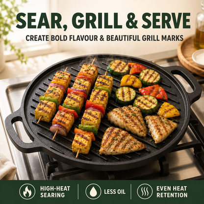 Pre-Seasoned Cast Iron 2-in-1 Dosa Tawa &amp; Grill – 30 cm