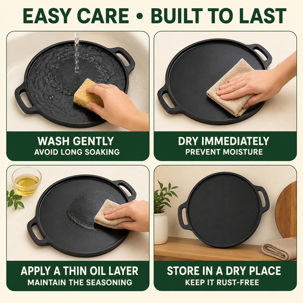 Pre-Seasoned Cast Iron 2-in-1 Dosa Tawa &amp; Grill – 30 cm