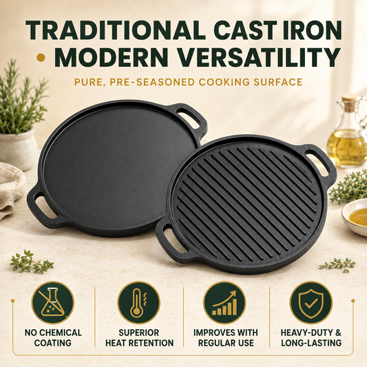 Pre-Seasoned Cast Iron 2-in-1 Dosa Tawa &amp; Grill – 30 cm