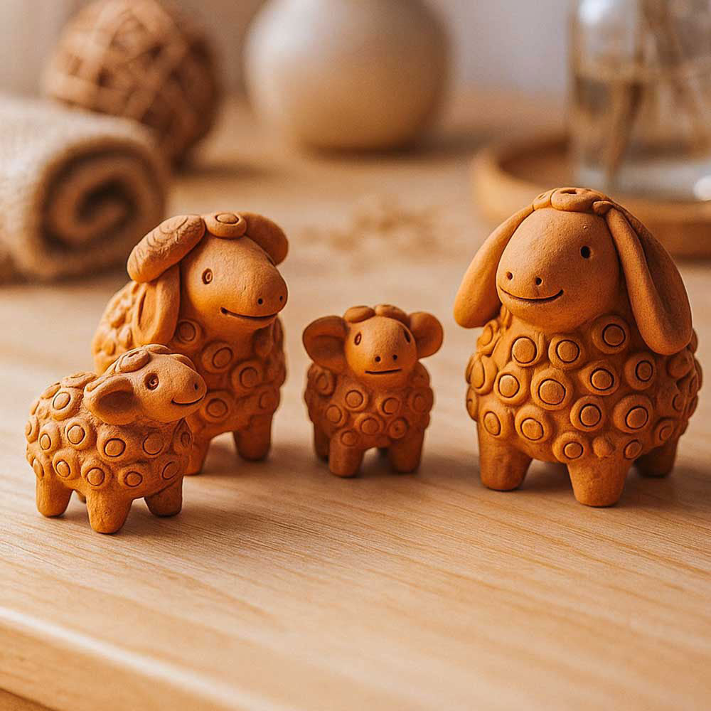 Terracotta Sheep Sculpture Set – Handmade Decorative Showpiece (4 Pieces)