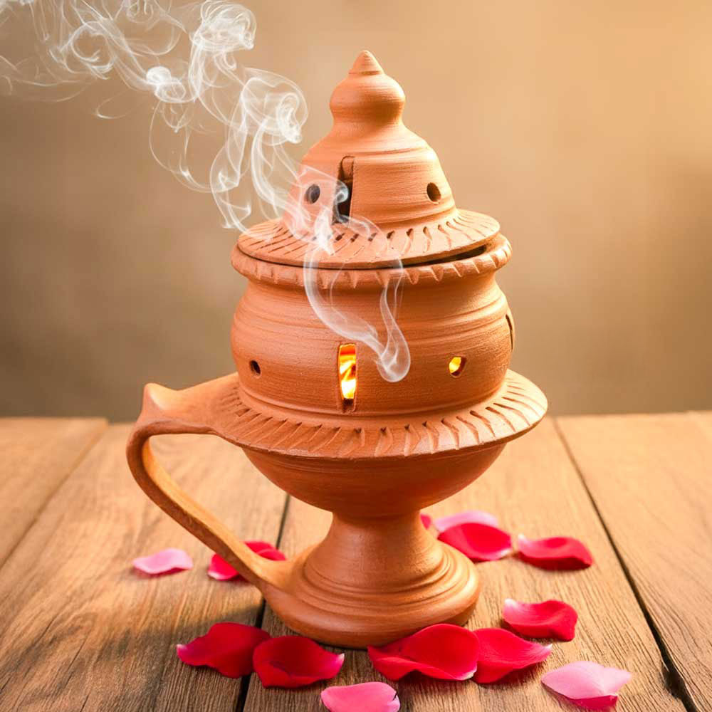 Handmade Natural Clay Dhoop Loban Dani Burner with Lid