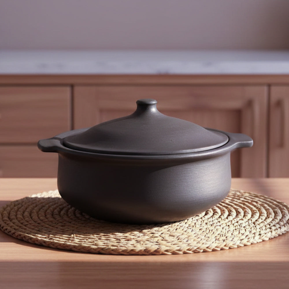 Black Clay Pot 2 Liters Earthen Pot Traditional Indian Cooking 52B