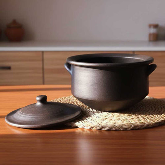 Black Clay Pot 3.5 Liters Earthen Pot Traditional Indian Cooking 55B