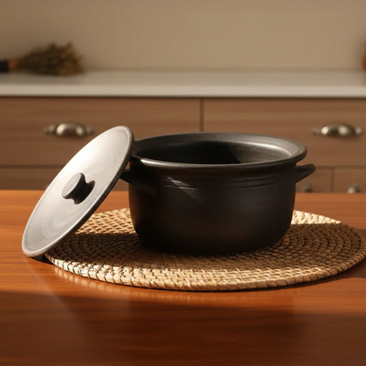 Black Clay Pot 4 Liters Earthen Pot Traditional Indian Cooking 33B