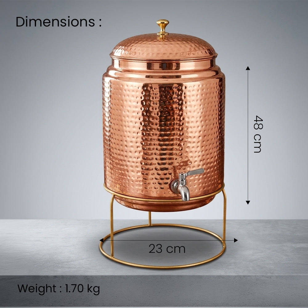 Pure Copper Water Dispenser (Jointless)  Matka Vessel Pot – 10 Litre with Stand