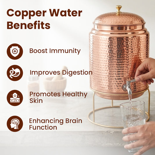 Pure Copper Water Dispenser (Jointless)  Matka Vessel Pot – 10 Litre with Stand