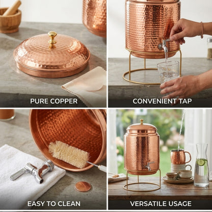 Pure Copper Water Dispenser (Jointless)  Matka Vessel Pot – 10 Litre with Stand